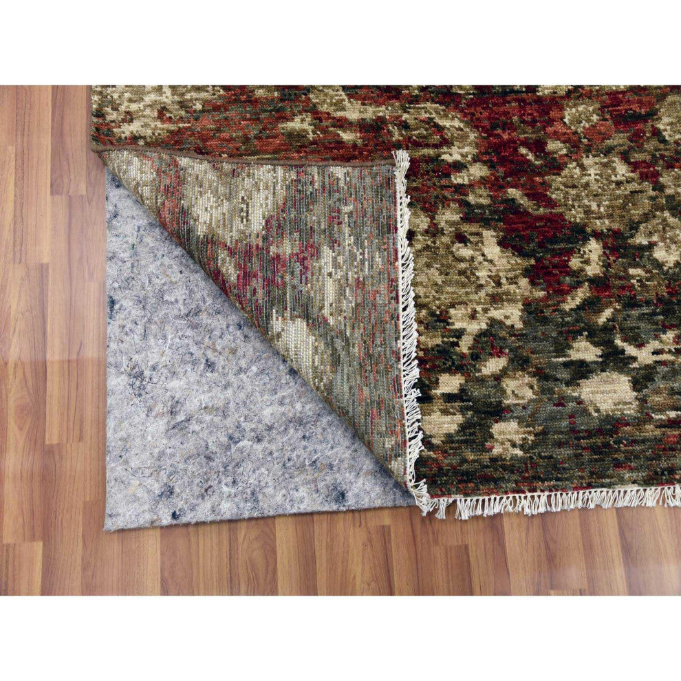 Green With Pop of Red, Hand Knotted Mahal Design, Pure Wool Rug, 9'1"x11'10"