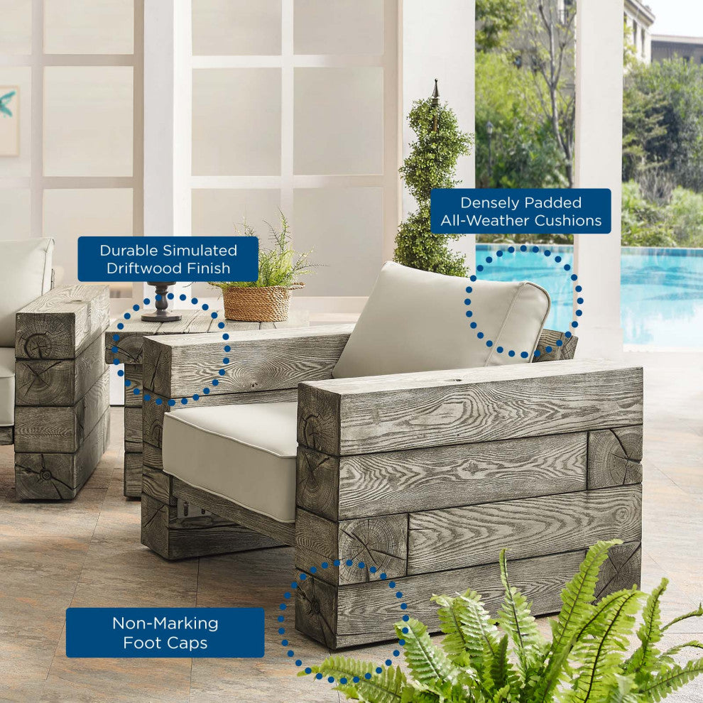 Chair Armchair, Sunbrella, Set of 2, Simulated Wood, Gray Beige, Outdoor
