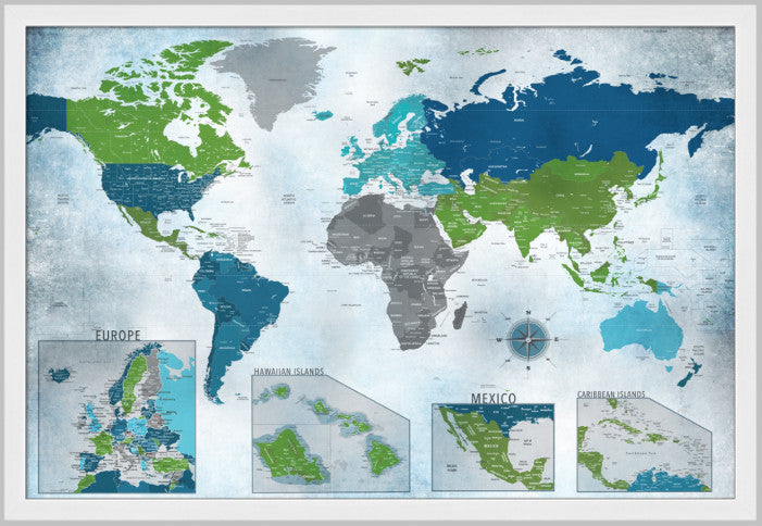 World Map Push Pin Map, Water Color Blues With Insets, 24"x36", Modern White Fra