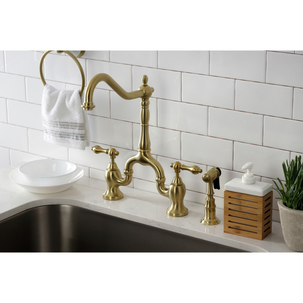 KS7757ALBS Country Kitchen Bridge Faucet With Brass Sprayer, Brushed Brass