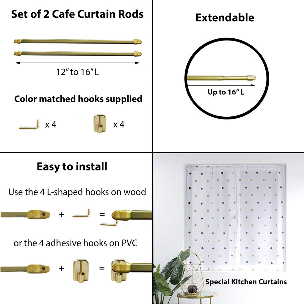 Bundle 2 Cafe Curtain Rods and 4 Self Adhesive Hooks, Gold Plated, 12" to 16"