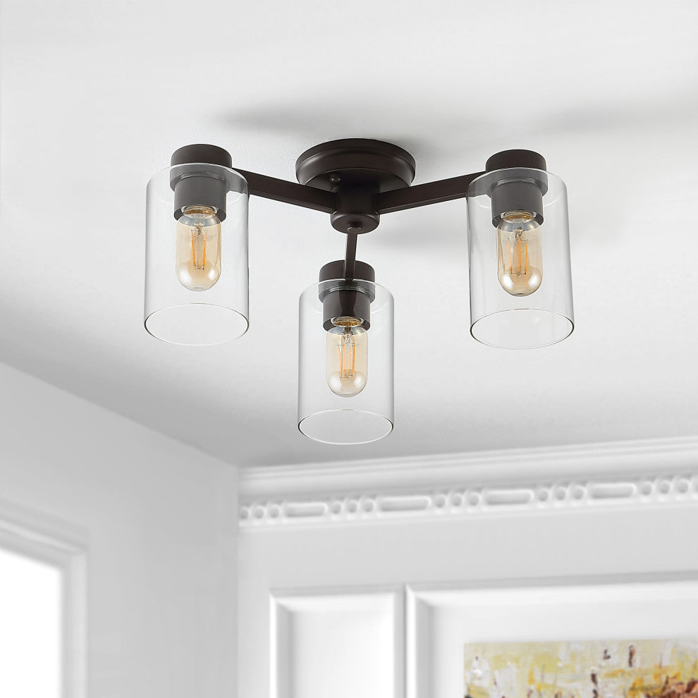 Orville 17" 3-Light Farmhouse Iron LED Semi Flush Mount, Oil Rubbed Bronze/Clear