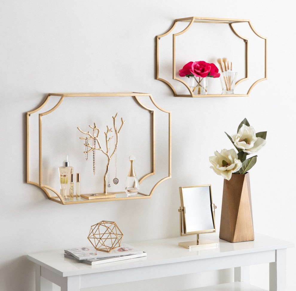 Ciel Modern Glam Metal Wall Shelf Set, Gold 2 Piece