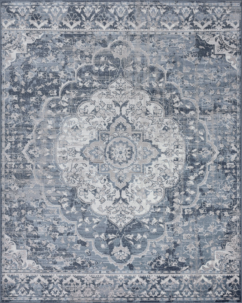 Harris Traditional Medallion Blue Rectangle Area Rug, 9' x 12'