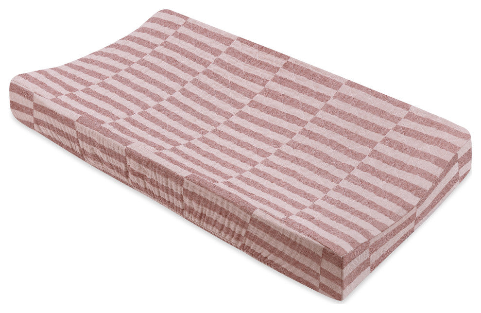 Quilted Changing Pad Cover, GOTS Certified Organic Muslin Cotton, Maroon Stripe