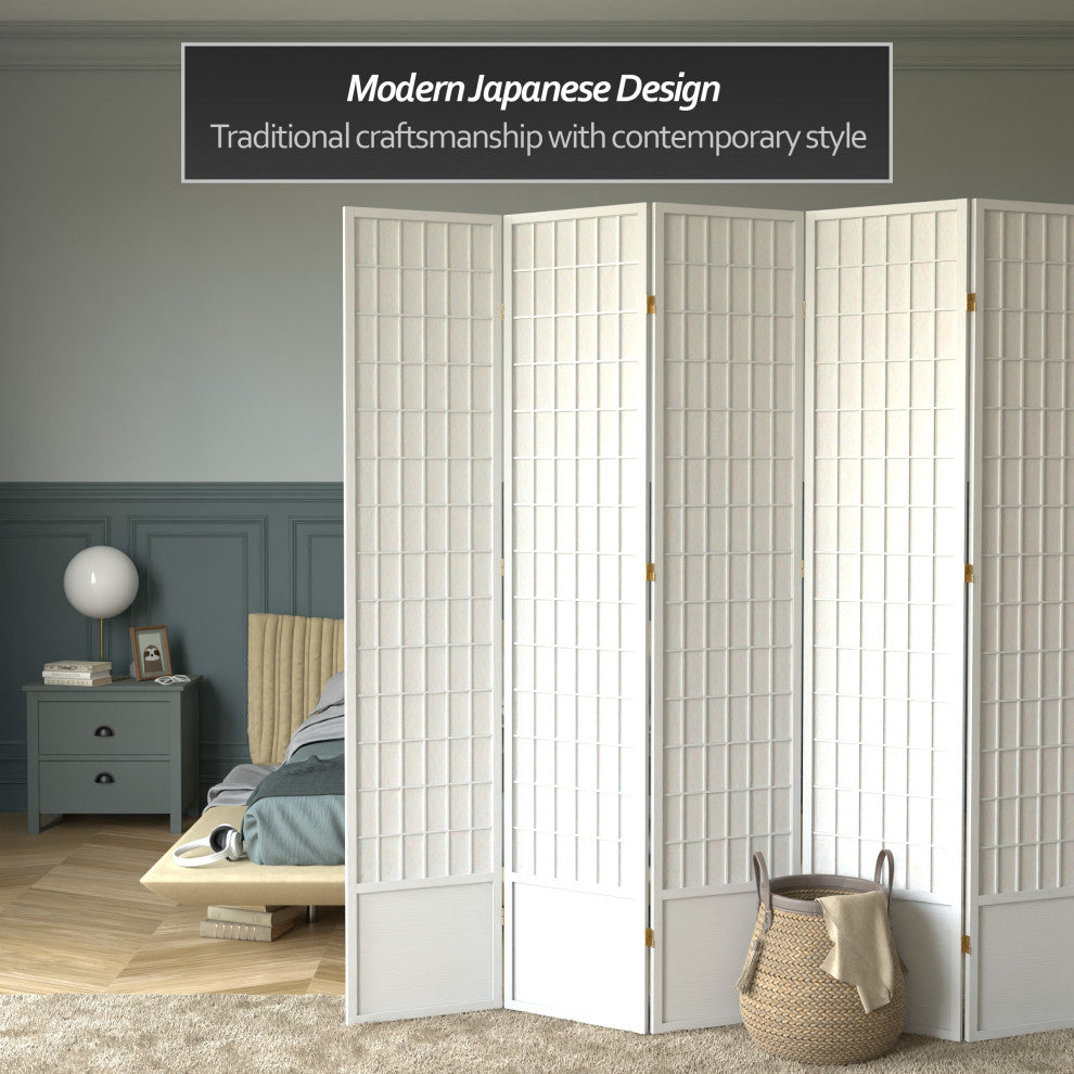 7' Tall Window Pane Shoji Screen, White, 8 Panels
