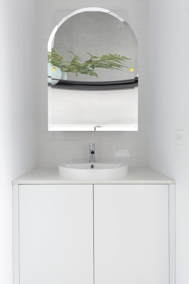 Frameless Arch Top Beveled Edge Tilt Mirror, Antique Pewter