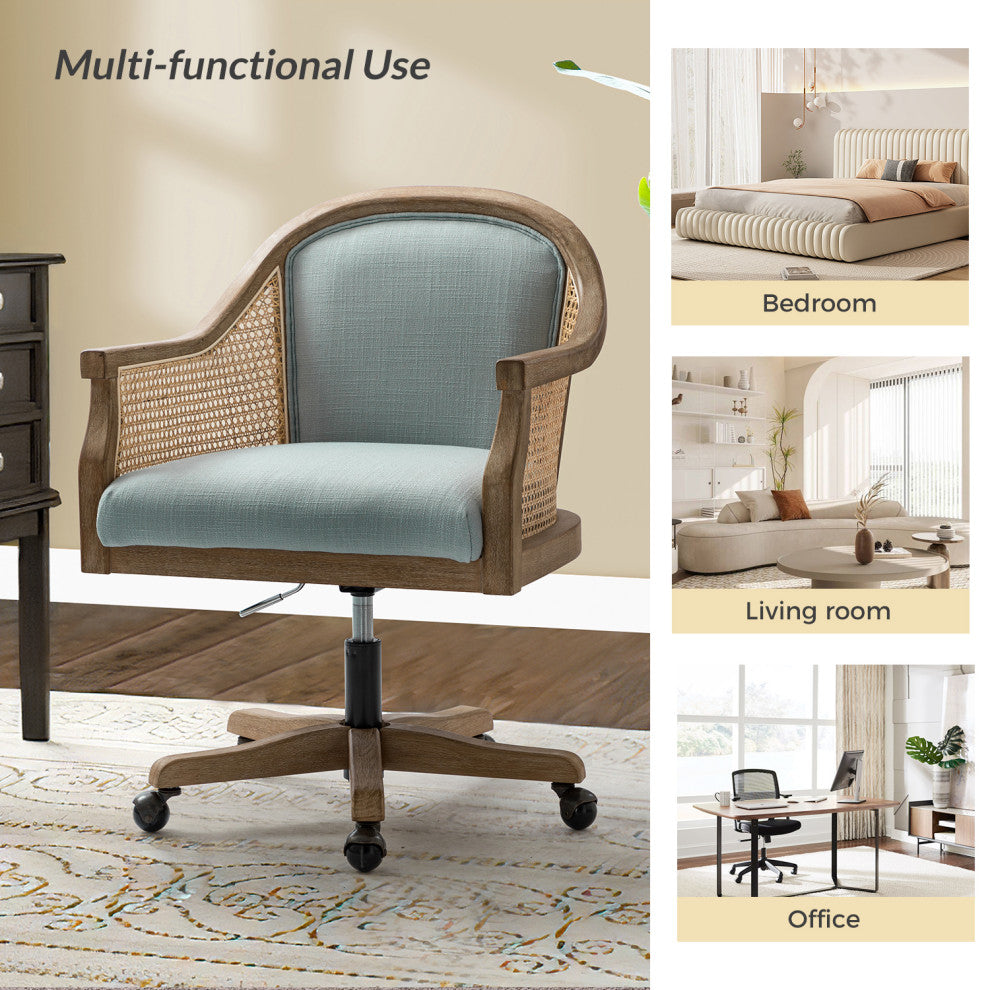 Xaver Farmhouse Home Office Desk Task Chair With Rattan Arms, Blue