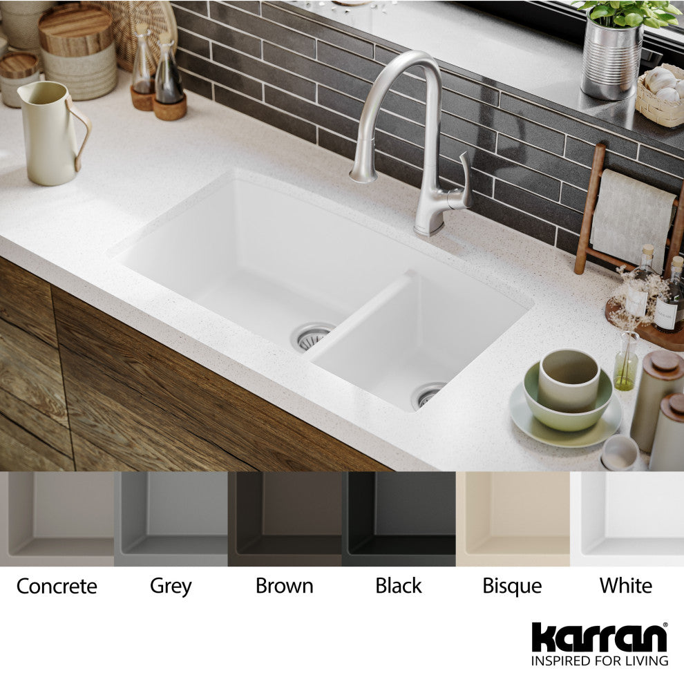 Karran Undermount Quartz 32" 60/40 Double Bowl Kitchen Sink, White