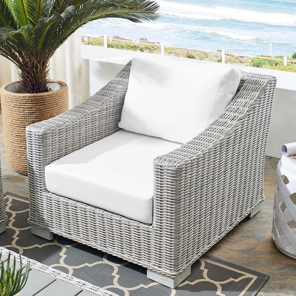 Lounge Chair Armchair, Sunbrella, Rattan, Wicker, Gray White, Outdoor
