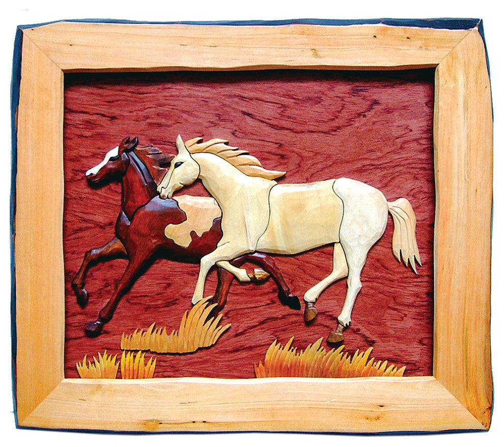 Horses Hand Crafted Intarsia Wood Art Wall Hanging 20 X 18 X 2 Inches