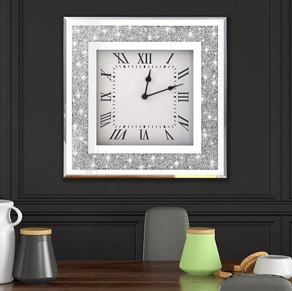 Crystal Crush Diamond Mirrored Square Wall Clock with Sparkle