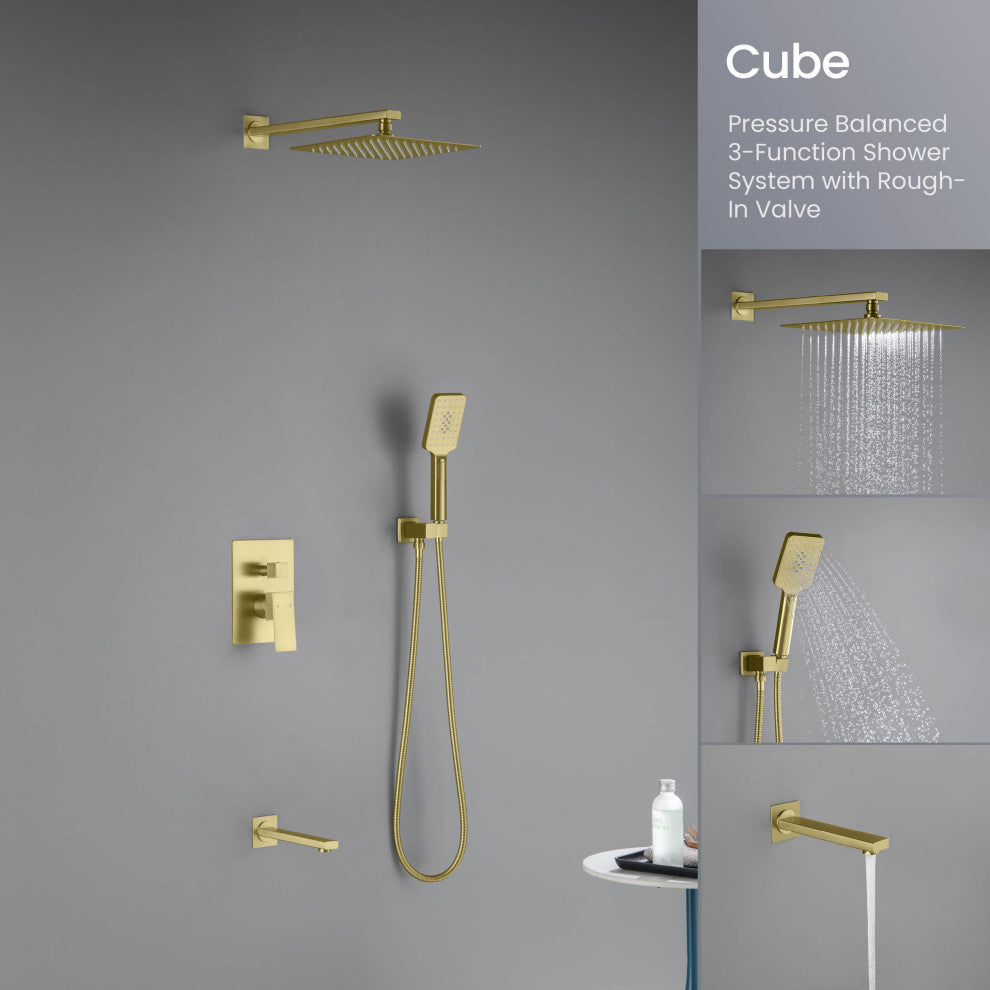 Cube Pressure 3-Function Shower System, Rough-In Valve, Brushed Gold