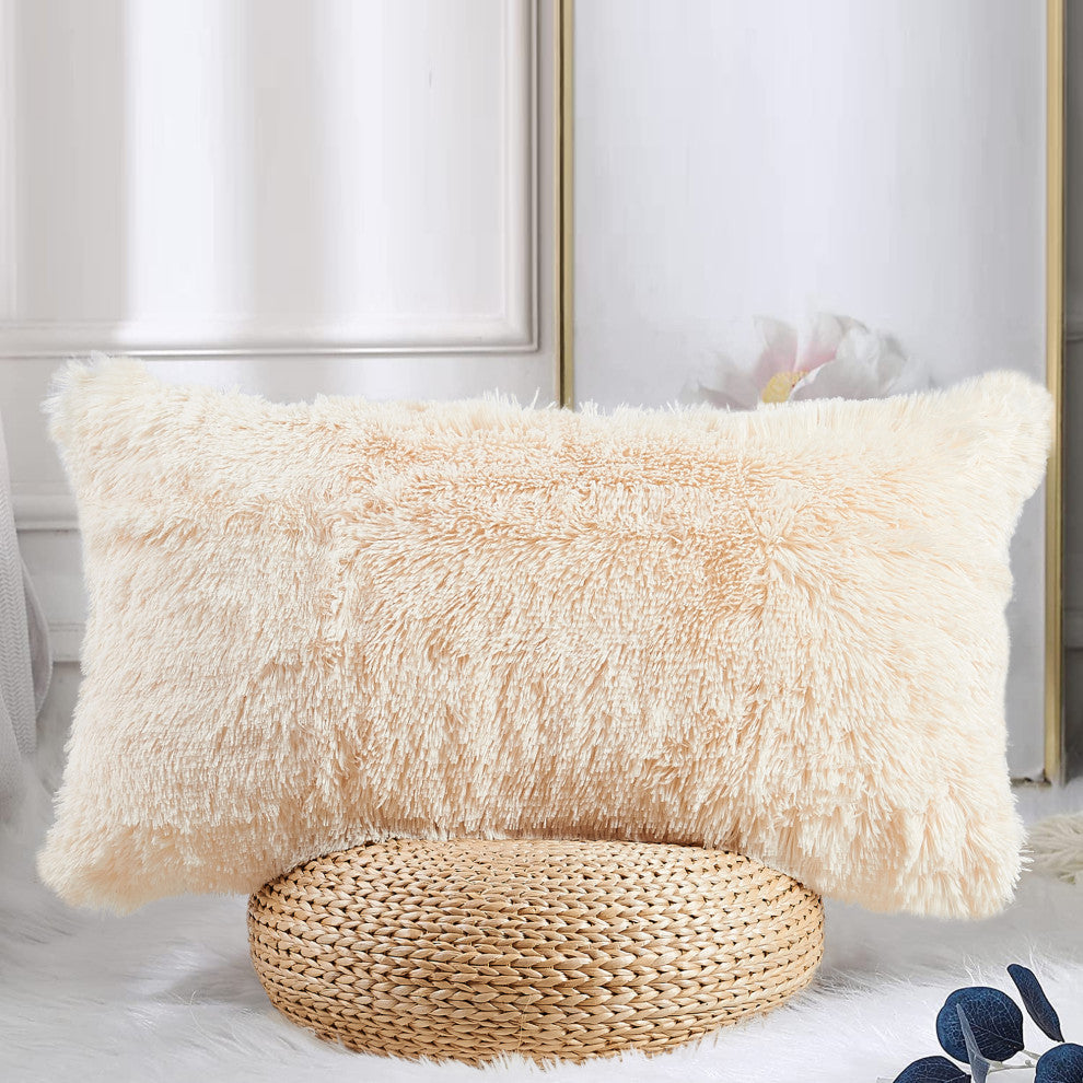 Shaggy Faux Fur Pillow Cover, Ivory, Set of 2, 14"x26"