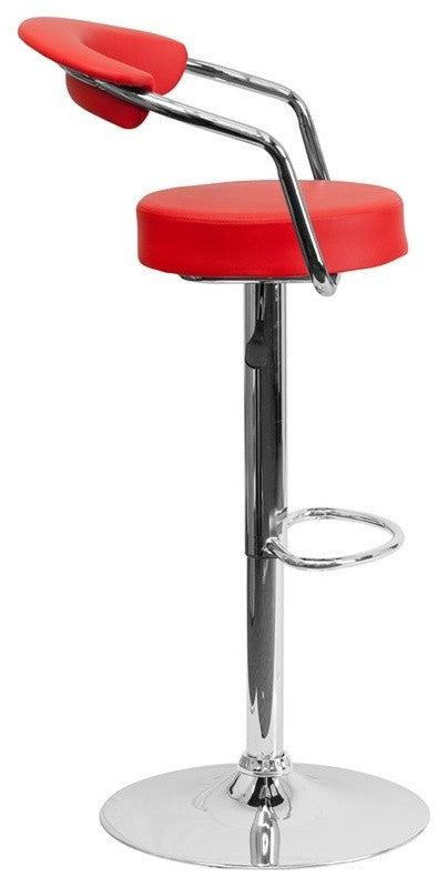 Estella Low-Back Red Vinyl Swivel Adjustable Barstool With Arms