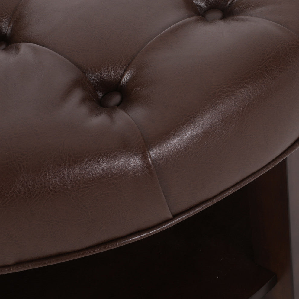 Baynes Faux Leather Tufted Wood Round Ottoman, Open Shelf, Dark Brown + Espresso