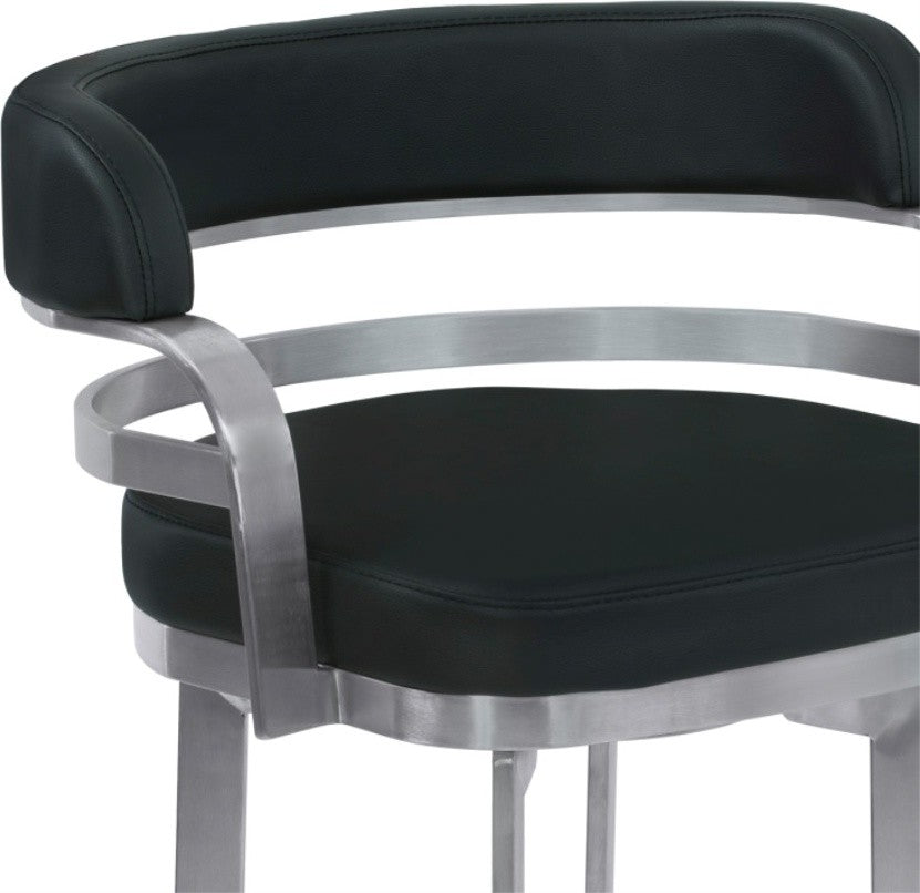 Armen Living Prinz 30" Bar Height Metal Swivel Barstool in Black Faux Leather wi