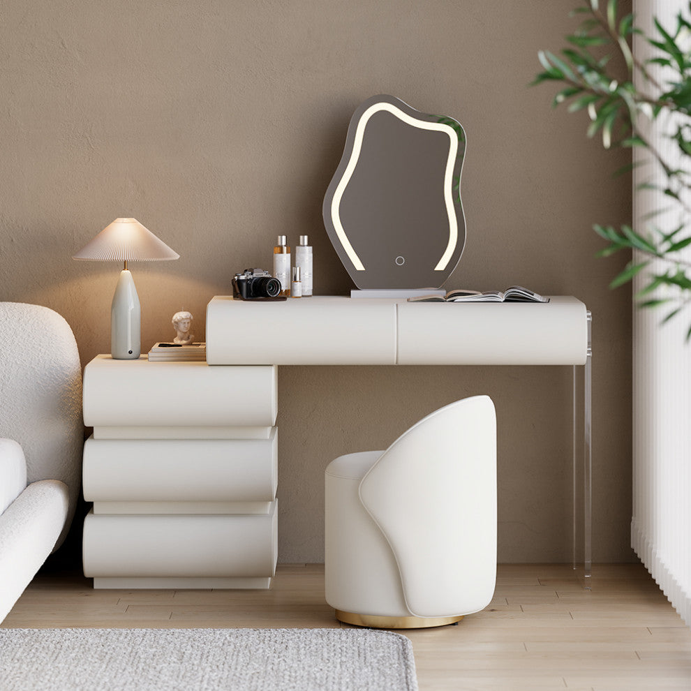 Modern Vanity Set PU Leather Dressing Table With Stool/LED Mirror, Off-White