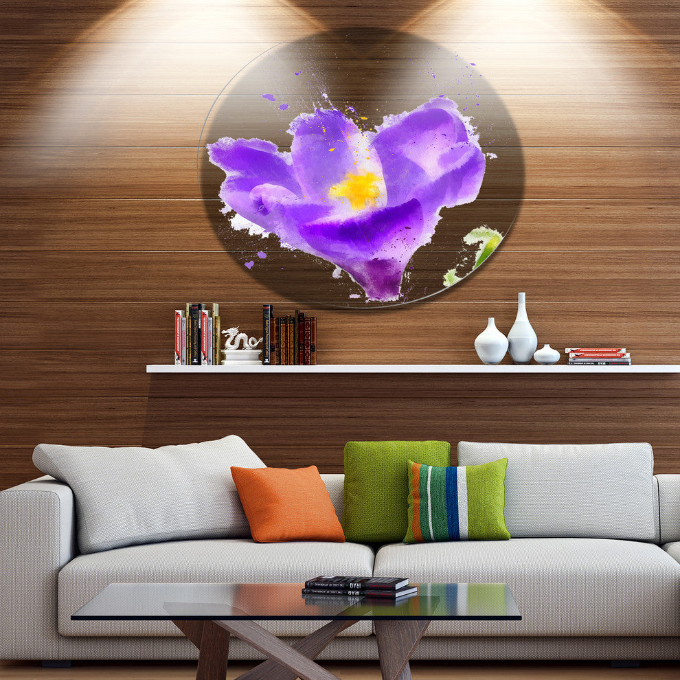 Violet Crocus Watercolor, Floral Round Metal Wall Art, 11"