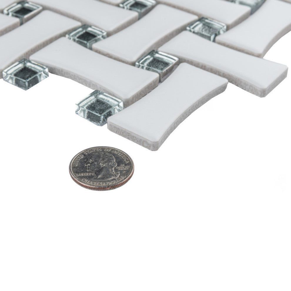 Metro Dog Bone Basketweave With Glass Gold Dot Porcelain Mosaic Wall Tile Sample