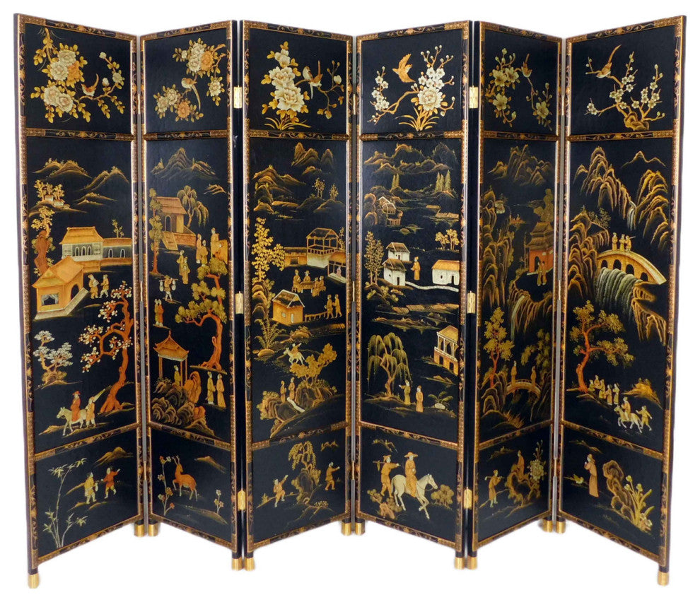 Oriental Folding Wooden Screen Chinese Landscape Painting, 6 Panels
