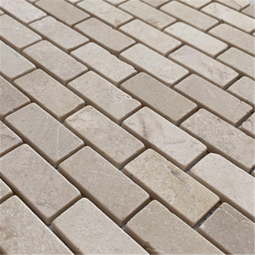 Tumbled Crema Marfil Marble 1x2 Brick Subway Antique Mosaic Tile, 1 sheet