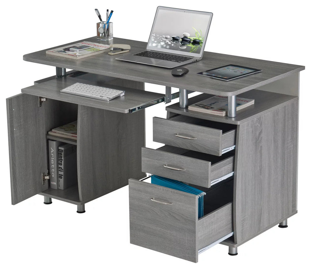Modern Desk, Floating Top With Single Door Cabinet & Sliding Keyboard Tray, Gray