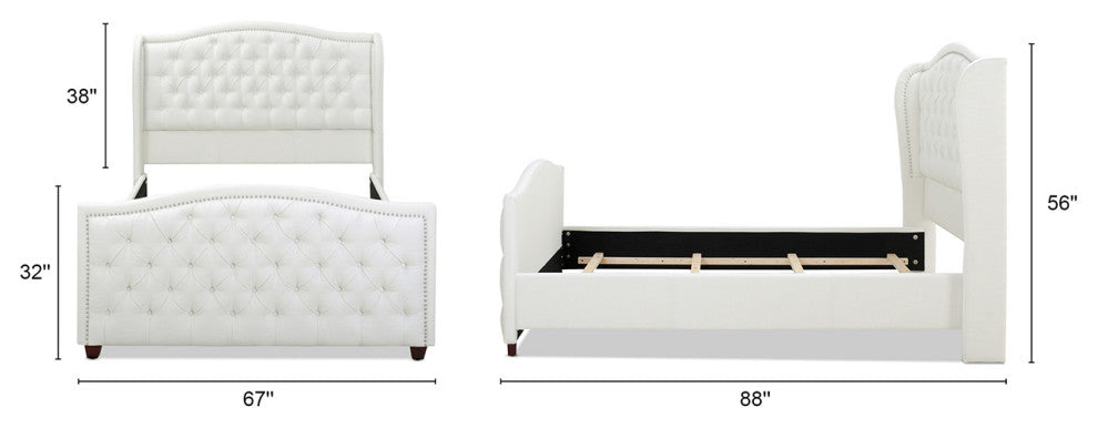 Marcella Upholstered Tufted Shelter Wingback Panel Bed, Antique White Polyester, Queen