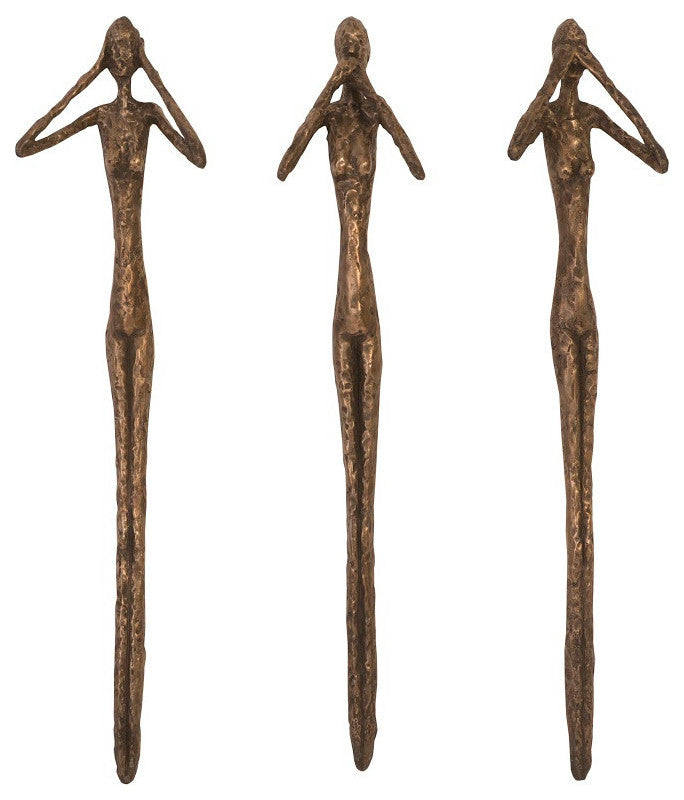 See, Speak, Hear No Evil Wall Art, Resin, 3-Piece Set, Brown