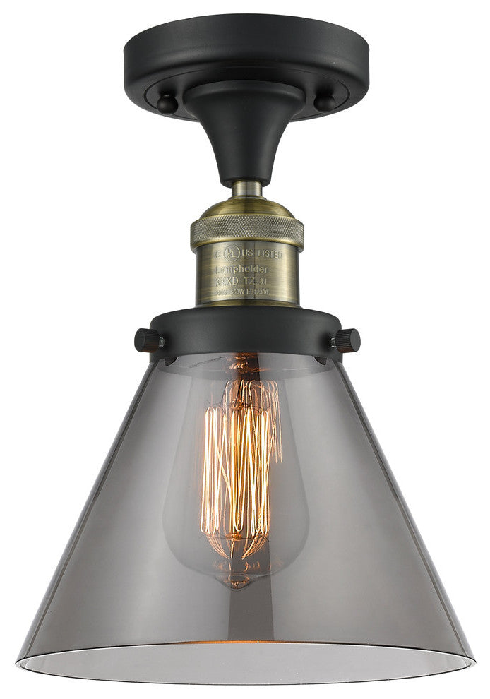 1-Light Large Cone 8" Semi-Flush Mount, Black Antique Brass, Glass: Smoked