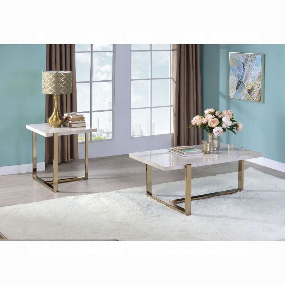 ACME Feit Coffee Table, Faux Marble and Champagne
