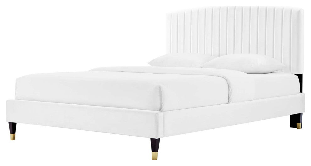Platform Bed Frame, Queen Size, White, Velvet, Modern, Bedroom Guest Suite