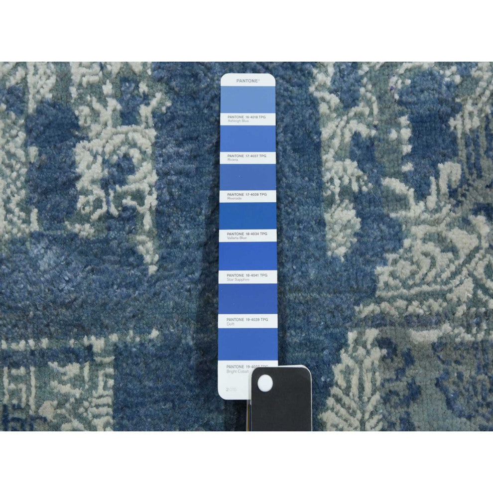 Blue Wool and Pure Silk Hand Knotted Jewellery Design Oriental Rug, 7'10"x10'0"