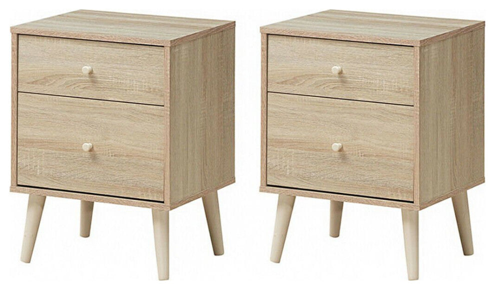 Set of 2 Nightstand, Rubberwood Tapered Legs & Unique Drawer Knobs, Oak Finish