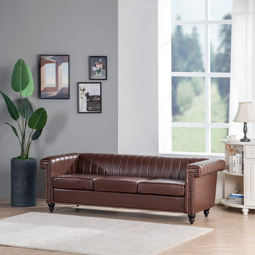 83" Faux leather Square Arm Sofa with Nailhead Trim , Dark Brown