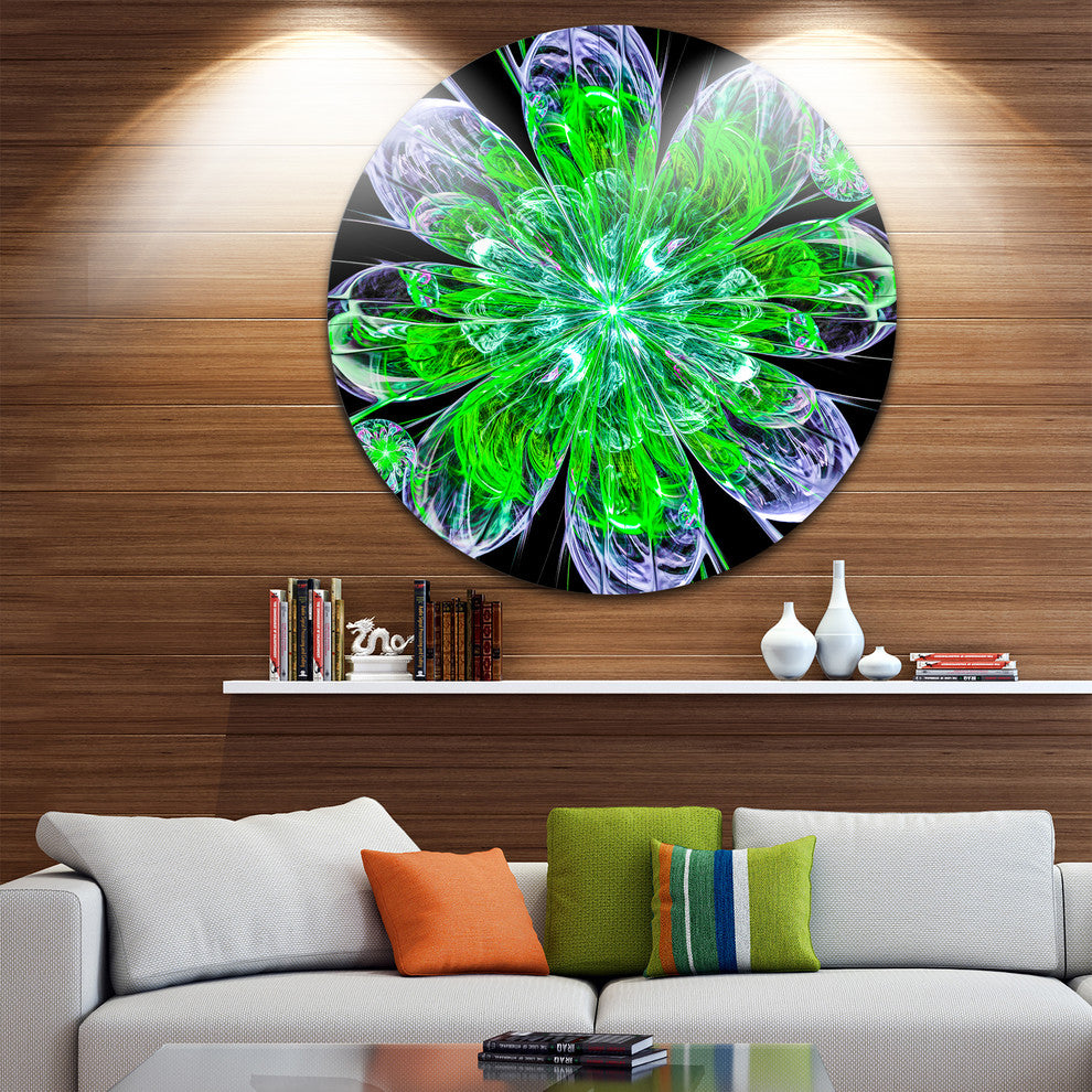 Shiny Green Purple Fractal Flower On Black, Floral Round Artwork, 36"