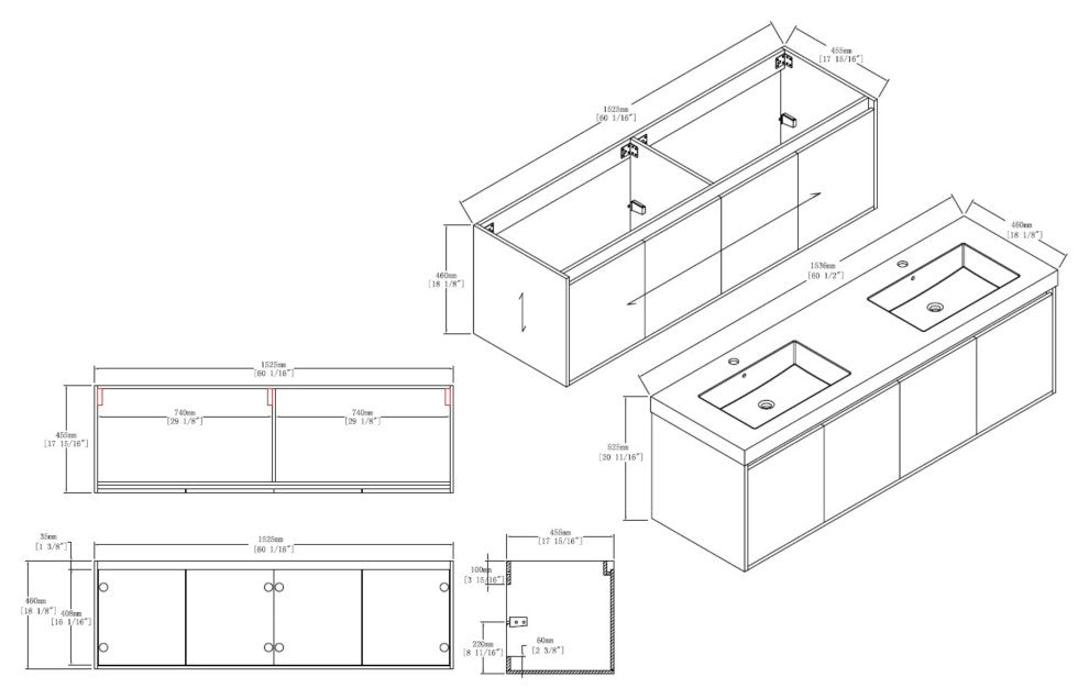 Wall Mounted Bathroom Vanity, Brown Walnut, 60'' W/ Double Sink