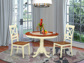 3 Pc Set, Round Small Table, 2 Leather Kitchen Chairs In Buttermilk, Cherry .