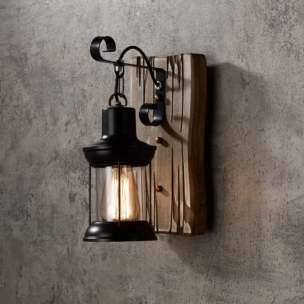 Industrial Cottage Style Clear Glass Lantern 1-Light Wall Light & Wood Backplate