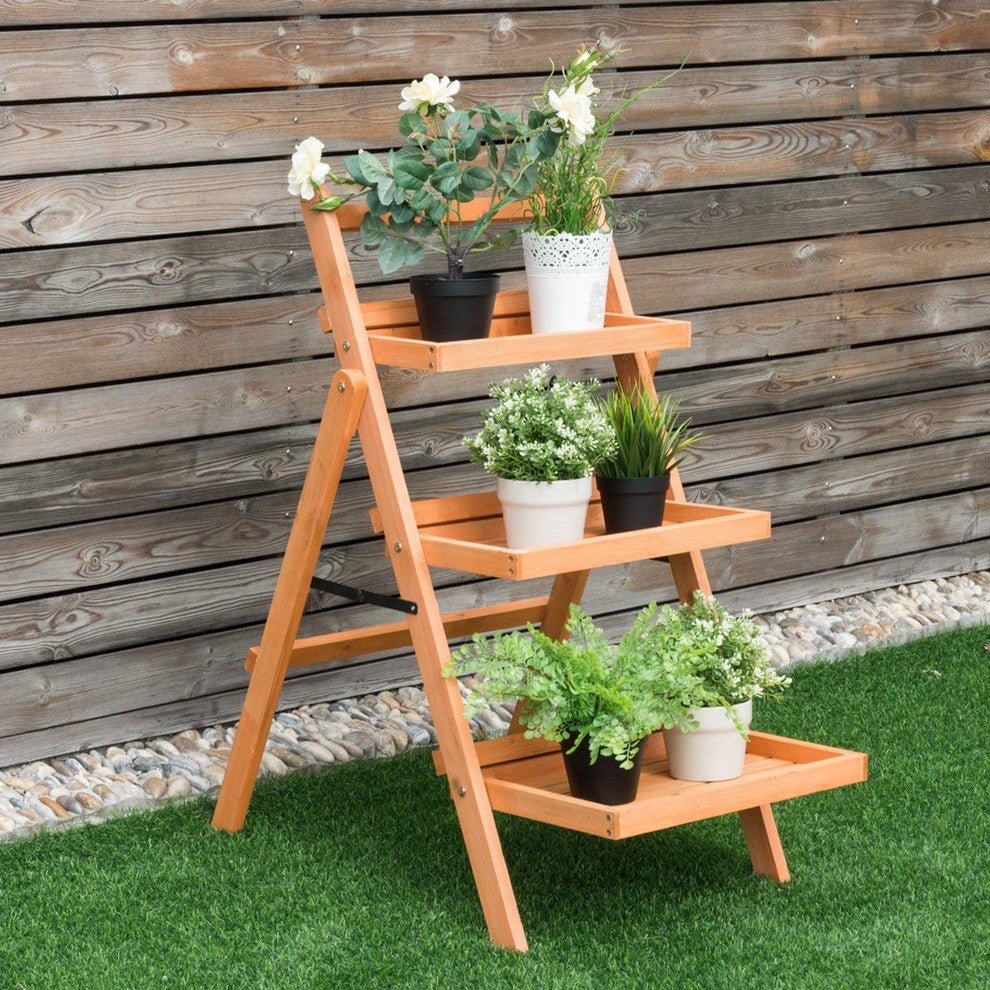 Modern 3-Tier Outdoor Wood Flower Folding Pot Shelf Stand