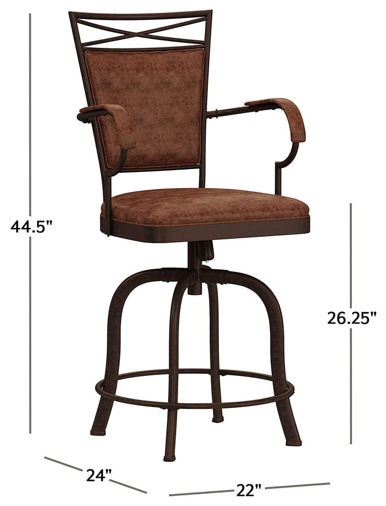 Industrial Bar Stool, Metal Frame With Swivel Weathered Brown Faux Leather Seat,