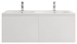 AIPO Wall-Mount Vanity Set With LED Mirror, Faucet, Drain, Matte White, 48" Doub