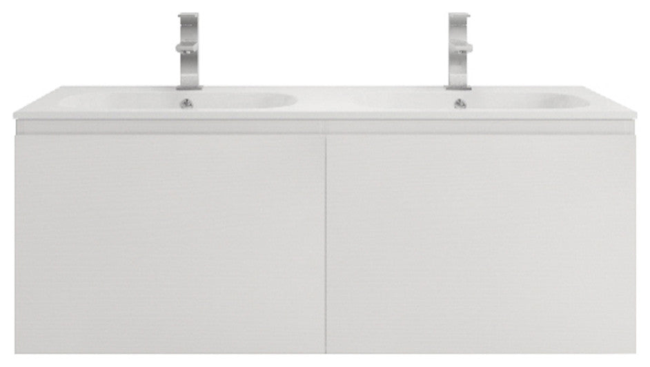 AIPO Wall-Mount Vanity Set With LED Mirror, Faucet, Drain, Matte White, 48" Doub