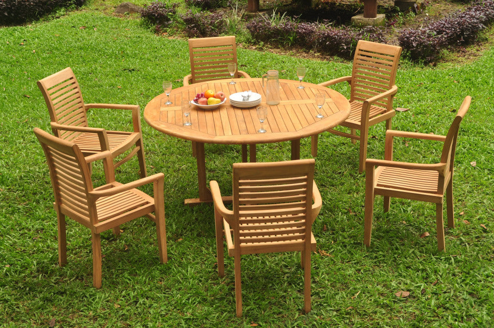 7-Piece Outdoor Teak Dining Set: 60" Round Table, 6 Mas Stacking Arm Chairs