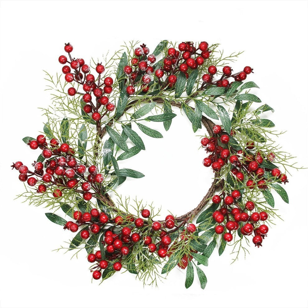 18" Frosted Green Leaves and Red Berries Christmas Wreath