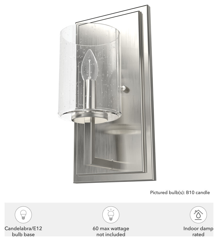 Hunter Kerrison Brushed Nickel, Clear Seeded Glass 1 Light Sconce Wall Light