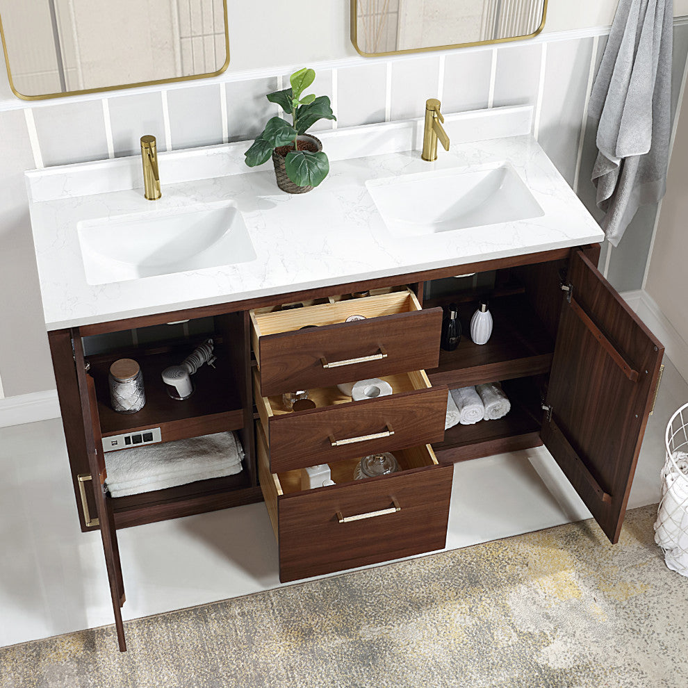 San Bath Vanity with Stone Top, Natural Walnut, 60" Double Sink, Double Vanity, No Mirror