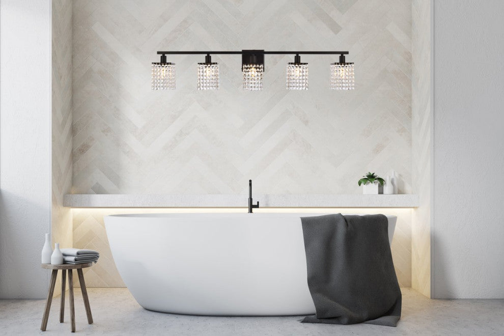 Phillip 5-Light Bath Sconce, Black With Clear Crystals