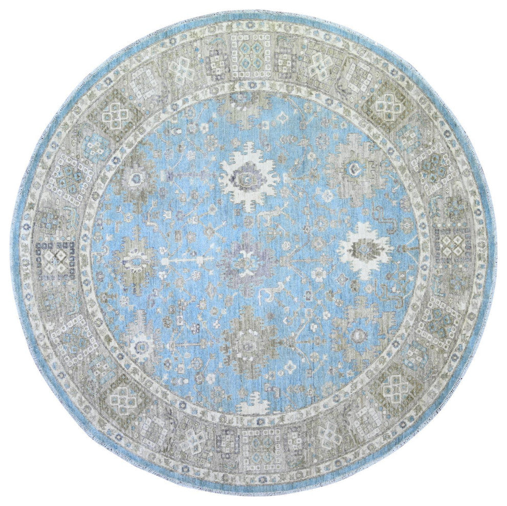 Blue Mahal Design Hand Knotted Pure Wool Round Oriental Rug, 7'10"x8'