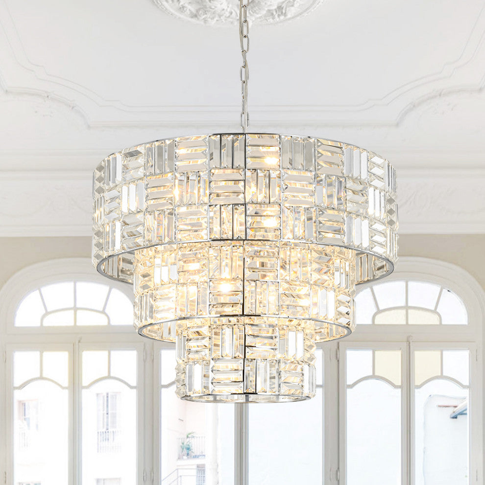 Luxury 11-Light Round Layered Chandelier With Crystal
